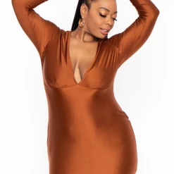 Curvy Sense Plus Size Sam Plunge Mini Dress - Mocha Dresses