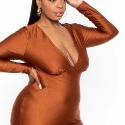 Curvy Sense Plus Size Sam Plunge Mini Dress - Mocha Dresses