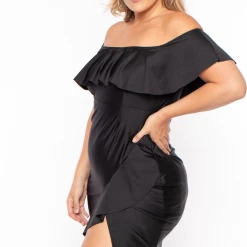 Curvy Sense Back In Stock Plus Size Samba Frill Bodycon Dress - Black