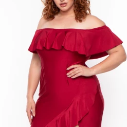 Curvy Sense Back In Stock Plus Size Samba Frill Bodycon Dress - Ruby