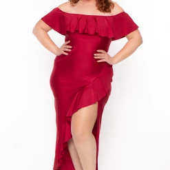 Curvy Sense Back In Stock Plus Size Samba Frill Bodycon Dress - Ruby