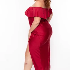 Curvy Sense Back In Stock Plus Size Samba Frill Bodycon Dress - Ruby