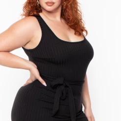 Curvy Sense Plus Size Sarai Belted Ribbed Dress - Black Dresses