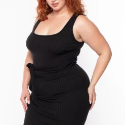 Curvy Sense Plus Size Sarai Belted Ribbed Dress - Black Dresses