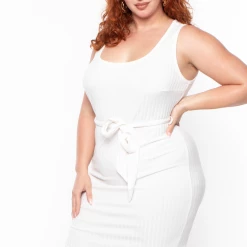 Curvy Sense Plus Size Sarai Belted Ribbed Dress - Ivory