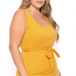 Curvy Sense Plus Size Sarai Belted Ribbed Dress - Mustard