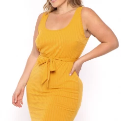 Curvy Sense Plus Size Sarai Belted Ribbed Dress - Mustard 11 Curvy Sense Plus Size Sarai Belted Ribbed Dress - Mustard
