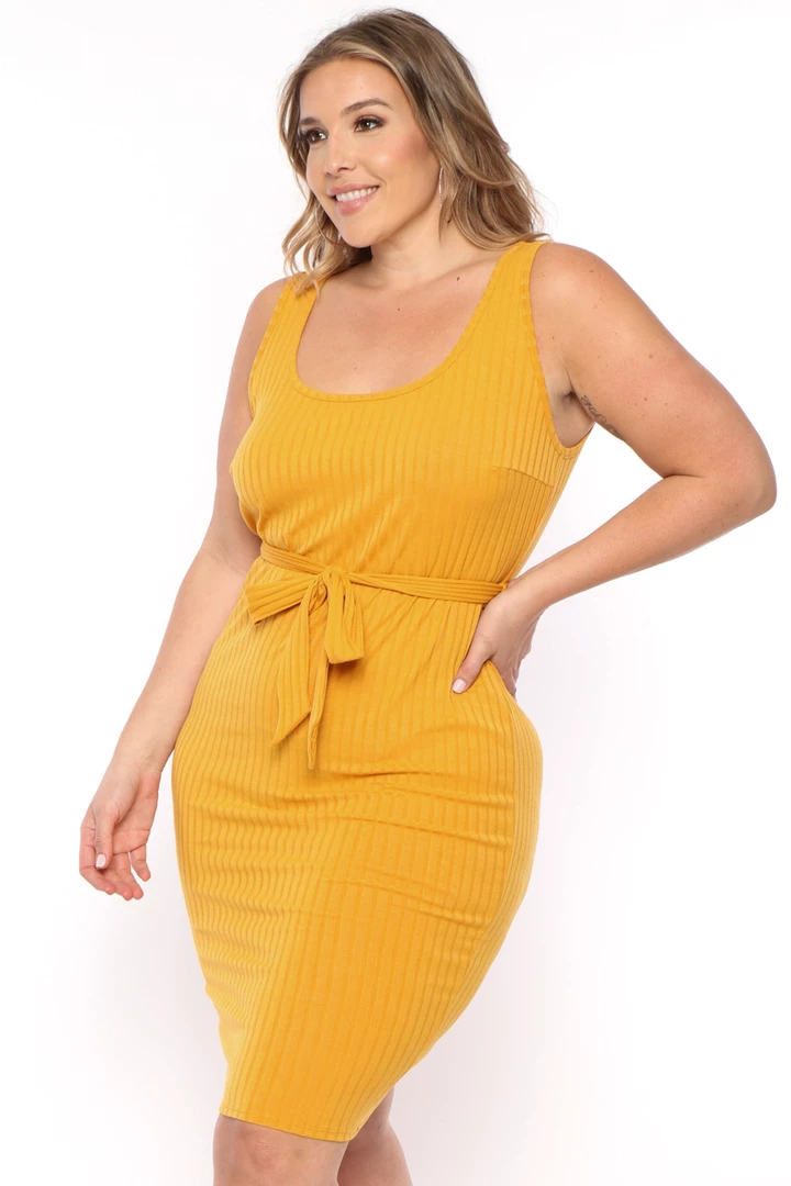 Curvy Sense Plus Size Sarai Belted Ribbed Dress - Mustard 6 Curvy Sense Plus Size Sarai Belted Ribbed Dress - Mustard