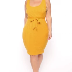 Curvy Sense Plus Size Sarai Belted Ribbed Dress - Mustard 10 Curvy Sense Plus Size Sarai Belted Ribbed Dress - Mustard