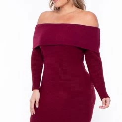 Curvy Sense Dresses Plus Size Savannah Faux Cashmere Sweater Dress- Burgundy