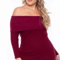 Curvy Sense Dresses Plus Size Savannah Faux Cashmere Sweater Dress- Burgundy