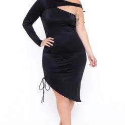 Curvy Sense Plus Size Scarlett Asymmetric Ruched Dress- Black Little Black Styles