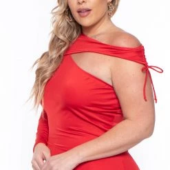 Curvy Sense Dresses Plus Size Scarlett Asymmetric Ruched Dress- Red