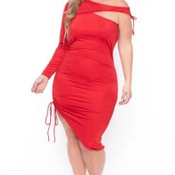 Curvy Sense Dresses Plus Size Scarlett Asymmetric Ruched Dress- Red