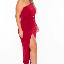 Curvy Sense Back In Stock Plus Size Alana Belted Dress - Burgundy