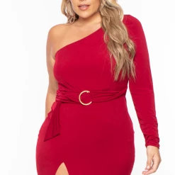 Curvy Sense Back In Stock Plus Size Alana Belted Dress - Burgundy