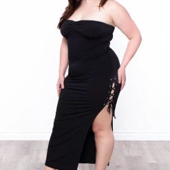 Curvy Sense Plus Size Side Lace-Up Strapless Dress - Black