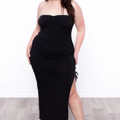 Curvy Sense Plus Size Side Lace-Up Strapless Dress - Black