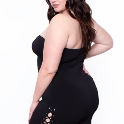 Curvy Sense Plus Size Side Lace-Up Strapless Dress - Black