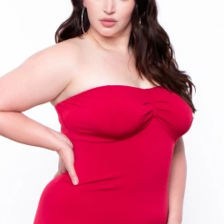Curvy Sense Dresses Plus Size Side Lace-Up Strapless Dress - Red