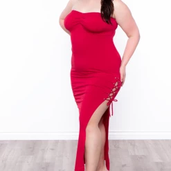 Curvy Sense Dresses Plus Size Side Lace-Up Strapless Dress - Red