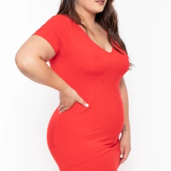 Curvy Sense Plus Size Side Ruched Bodycon Dress - Red