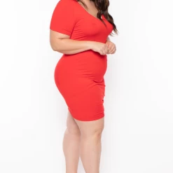 Curvy Sense Plus Size Side Ruched Bodycon Dress - Red