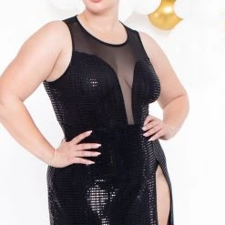 Curvy Sense Plus Size Siren Shimmer Dress- Black Party Shop