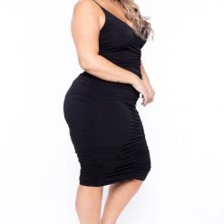 Curvy Sense Plus Size Sleeveless Ruched Dress - Black Back In Stock