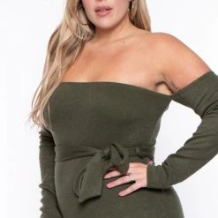 Curvy Sense Plus Size Sorena Sweater Dress- Olive Dresses