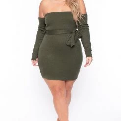 Curvy Sense Plus Size Sorena Sweater Dress- Olive Dresses