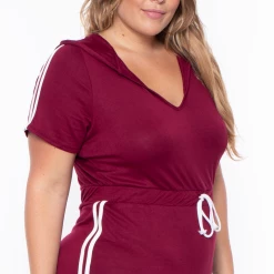 Curvy Sense Plus Size Sporty Varsity Stripe Hoodie Dress - Burgundy