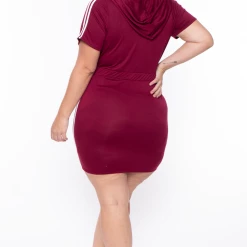 Curvy Sense Plus Size Sporty Varsity Stripe Hoodie Dress - Burgundy