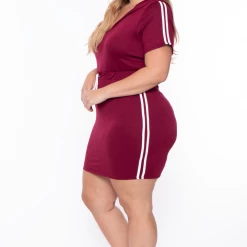 Curvy Sense Plus Size Sporty Varsity Stripe Hoodie Dress - Burgundy