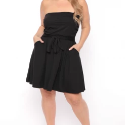 Curvy Sense Little Black Styles Plus Size Strapless Belted Flare Dress - Black