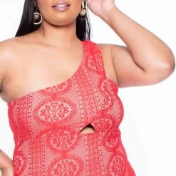 Curvy Sense Plus Size Stretch Two Tone Lace Nylah Midi Dress - Red Dresses