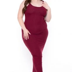 Curvy Sense New Arrivals Plus Size Tess Ribbed Maxi Dress - Burgundy