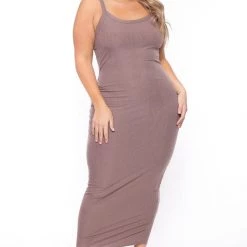 Curvy Sense Plus Size Tess Ribbed Maxi Dress - Mocha New Arrivals