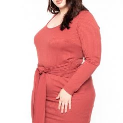 Curvy Sense Dresses Plus Size Tie-Front Ribbed Dress - Rust