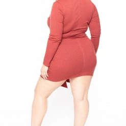 Curvy Sense Dresses Plus Size Tie-Front Ribbed Dress - Rust