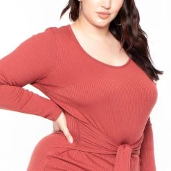 Curvy Sense Dresses Plus Size Tie-Front Ribbed Dress - Rust