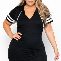 Curvy Sense Plus Size Varsity Stripe Hoodie Dress - Black Back In Stock