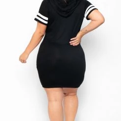 Curvy Sense Plus Size Varsity Stripe Hoodie Dress - Black Back In Stock