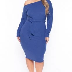 Curvy Sense Plus Size Vivien Asymmetric Off The Shoulder Dress - Blue