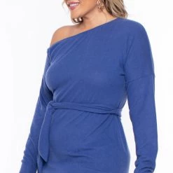 Curvy Sense Plus Size Vivien Asymmetric Off The Shoulder Dress - Blue