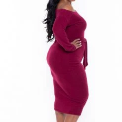 Curvy Sense Dresses Plus Size Vivien Asymmetric Off The Shoulder Dress - Burgundy