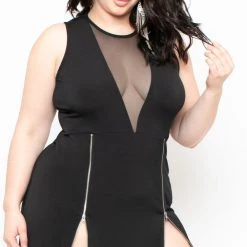 Curvy Sense Back In Stock Plus Size Zipper Slit Dress - Black