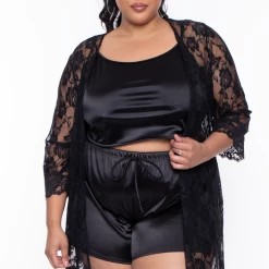 Curvy Sense Plus Size Amaya Lace Night Robe - Black