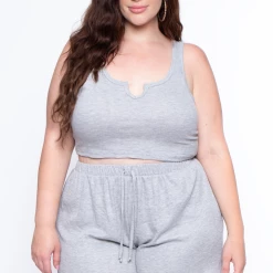 Curvy Sense Intimates Plus Size Thermal Tank & Shorts Set - Heather Grey