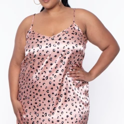 Curvy Sense Intimates Plus Size Satin Cheetah Nightie- Peach